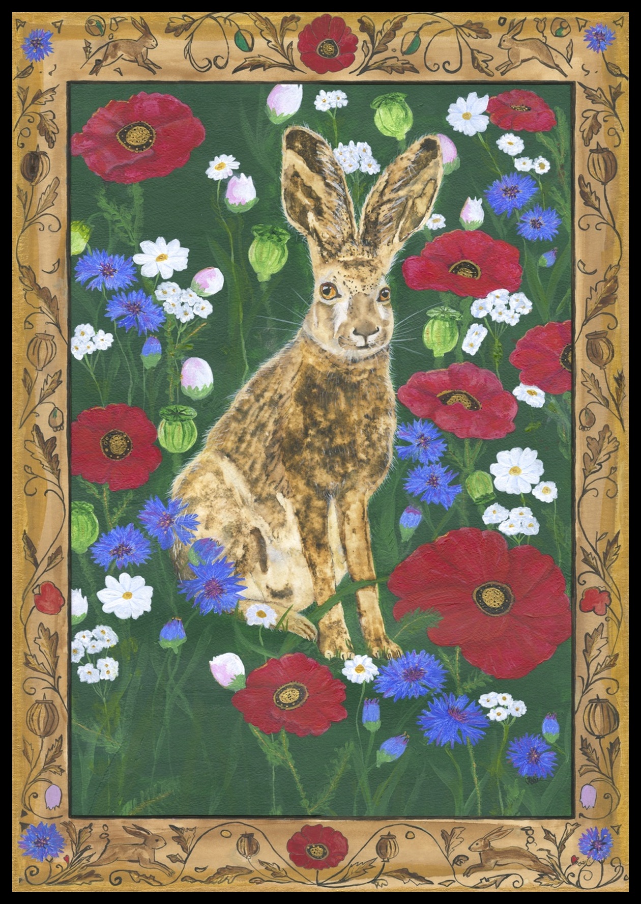 A Fragile Calm, Michelle Rose’s hare painting among red poppies, blue cornflowers and white flowers, surrounded by its gold painted border.