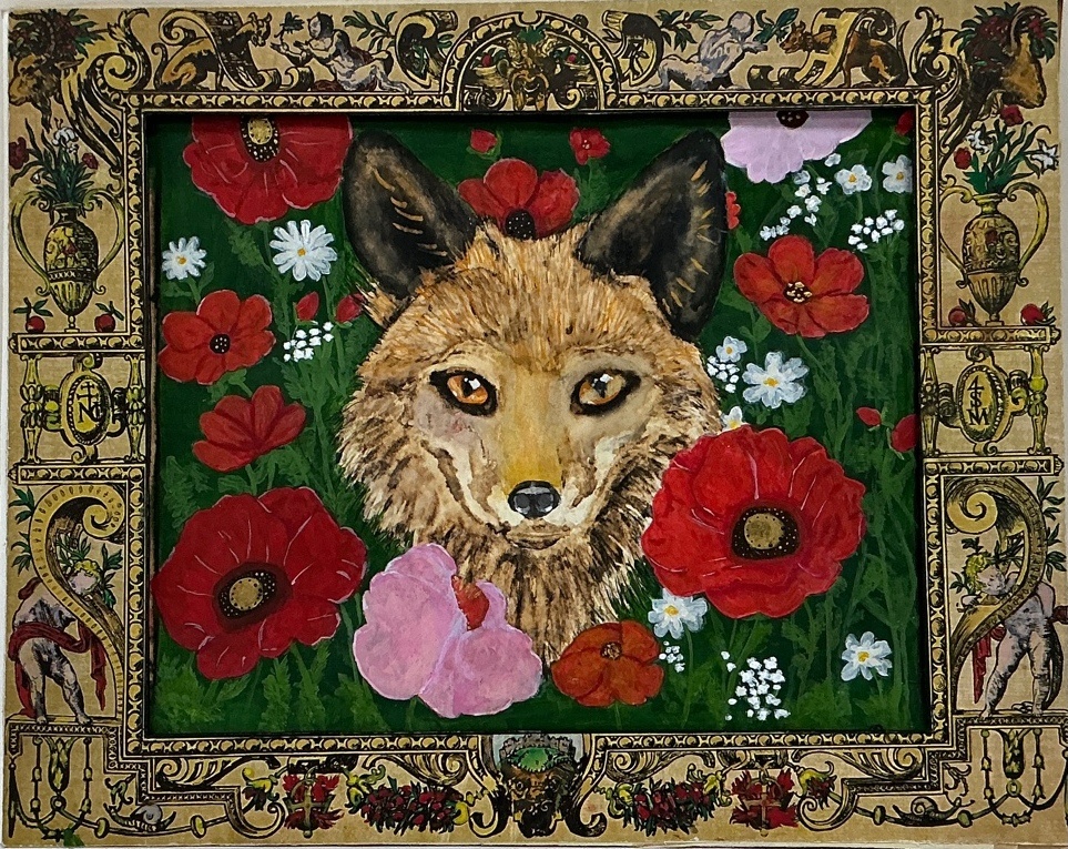 Rose-Tinted Shelter, Michelle Rose’s fox painting among red and pink flowers, with an ornate gold and black painted border.